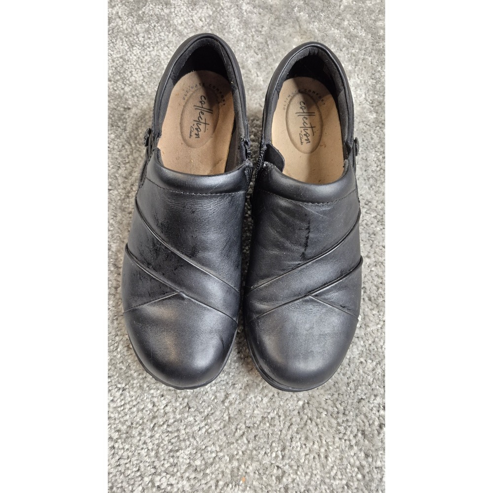 Clarks Womens Channing Ann Clog Size 9.5 Black Leather Loafer Shootie Wedge Shoe